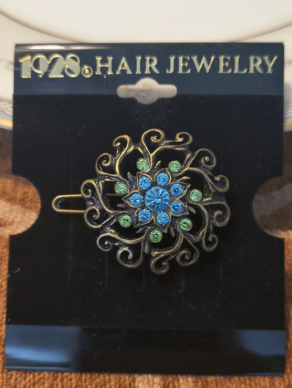 Vtg 1928 Hair Jewelry Clip Filigree Gold Blue Green Rhinestone New Old Stock